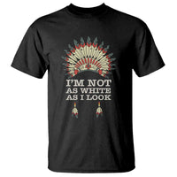 Black crewneck T-shirt with colorful headdress graphic and “I’m Not As White As I Look” text