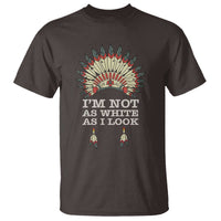 Dark chocolate crewneck T-shirt with colorful headdress graphic and “I’m Not As White As I Look” text