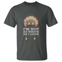 Dark heather gray crewneck T-shirt with colorful headdress graphic and “I’m Not As White As I Look” text