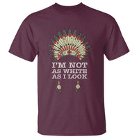 Maroon crewneck T-shirt with colorful headdress graphic and “I’m Not As White As I Look” text