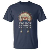 Navy crewneck T-shirt with colorful headdress graphic and “I’m Not As White As I Look” text