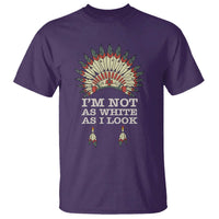 Purple crewneck T-shirt with colorful headdress graphic and “I’m Not As White As I Look” text