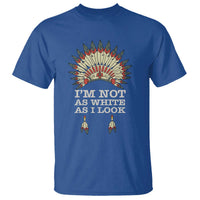 Royal blue crewneck T-shirt with colorful headdress graphic and “I’m Not As White As I Look” text