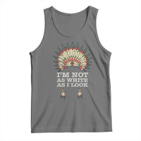 Gray sleeveless graphic tank top with Native-style headdress and statement text