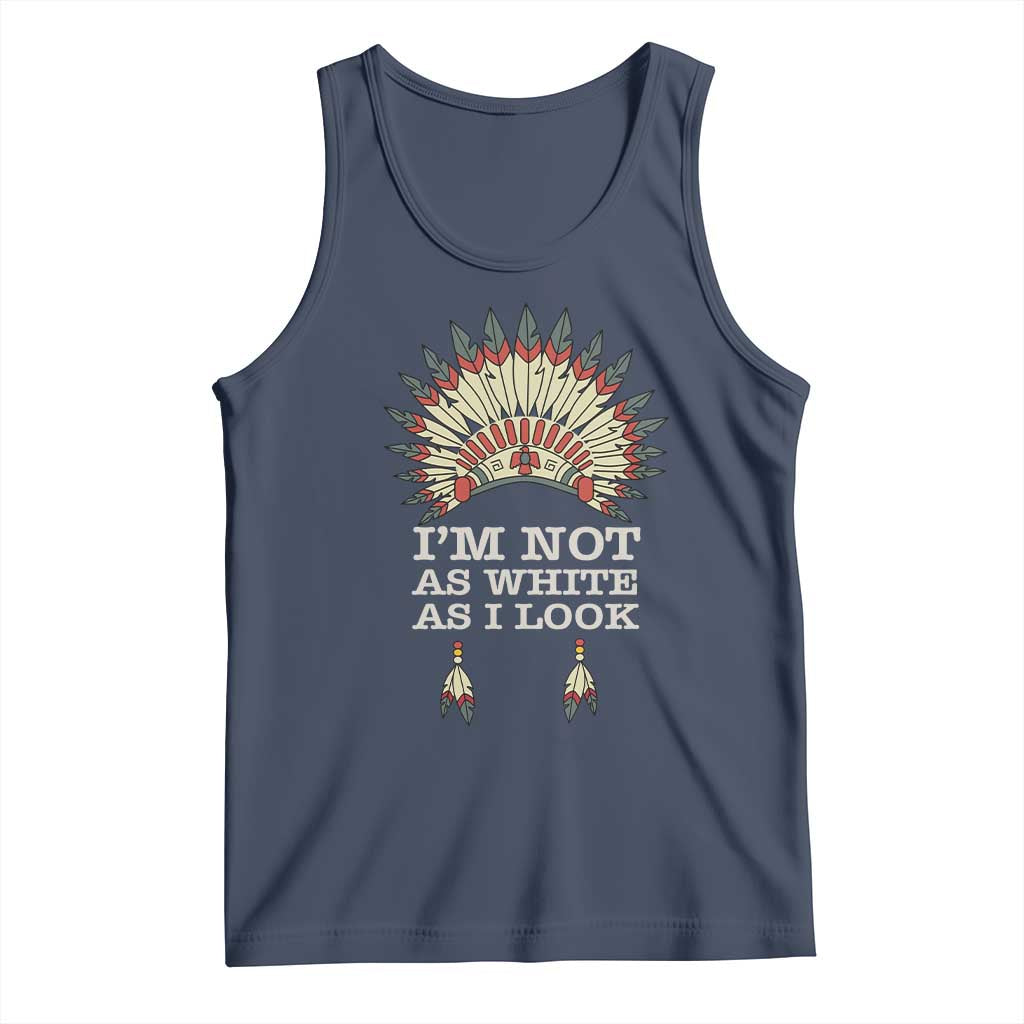 Navy tank top with feather graphic and text 'I'm not as white as I look'
