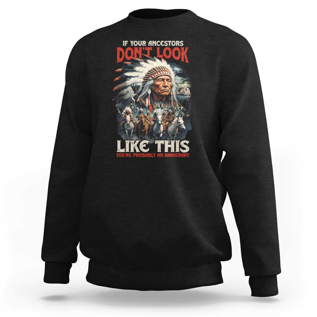 Black crewneck sweatshirt with Native-inspired portrait graphic and red/white front text