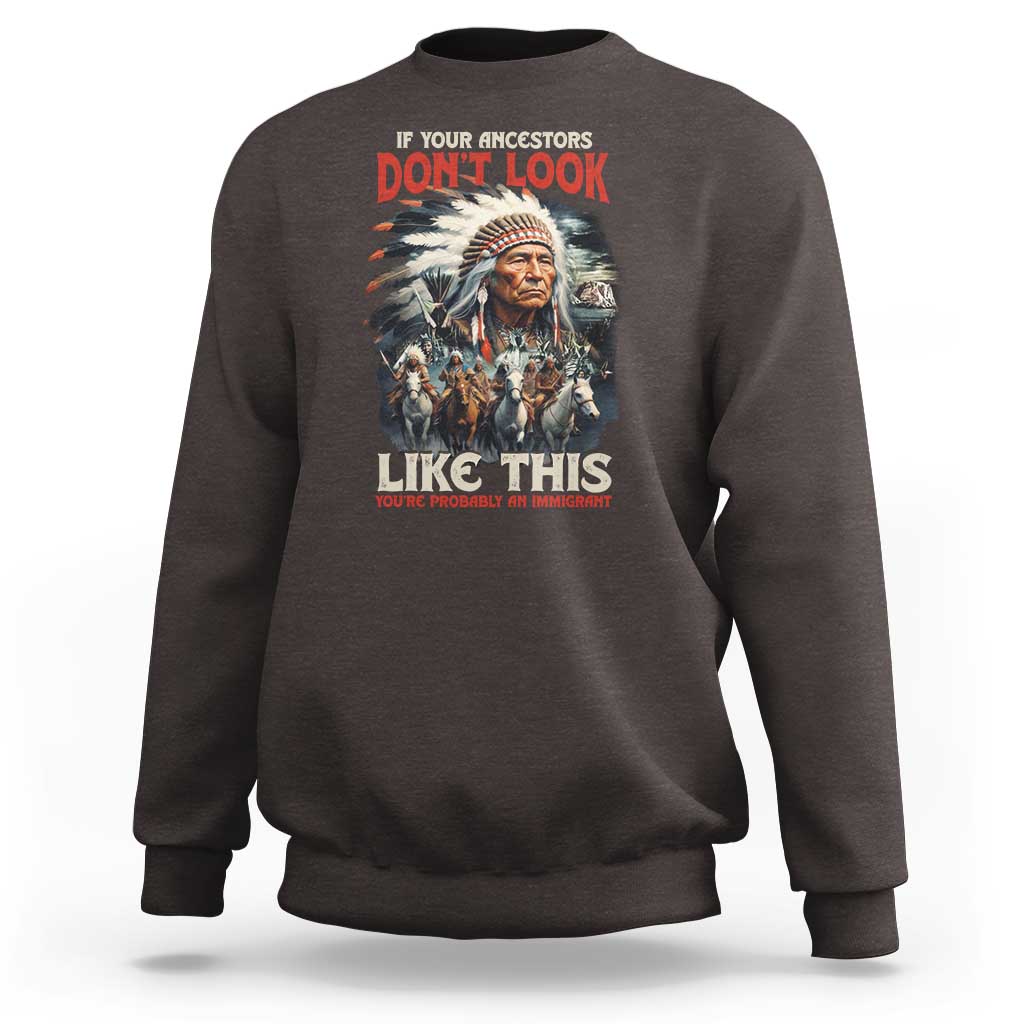 Dark brown crewneck sweatshirt with Native-inspired portrait graphic and red/white front text