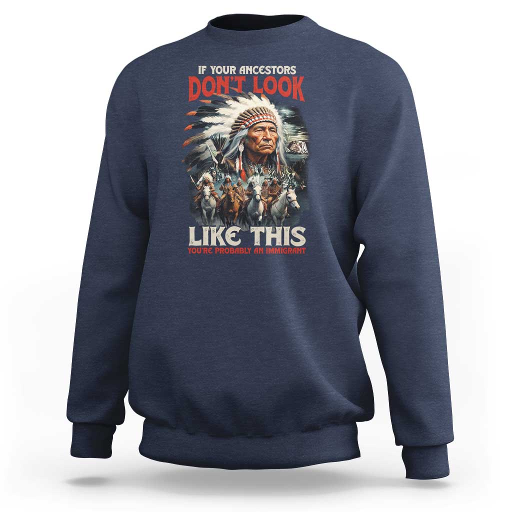 Navy crewneck sweatshirt with Native-inspired portrait graphic and red/white front text
