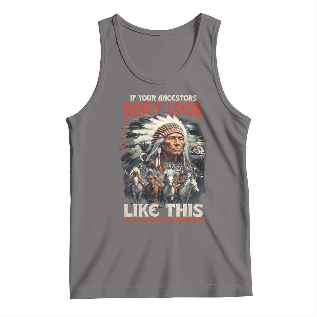 Charcoal gray tank top with Native American style graphic print, sleeveless crew neck