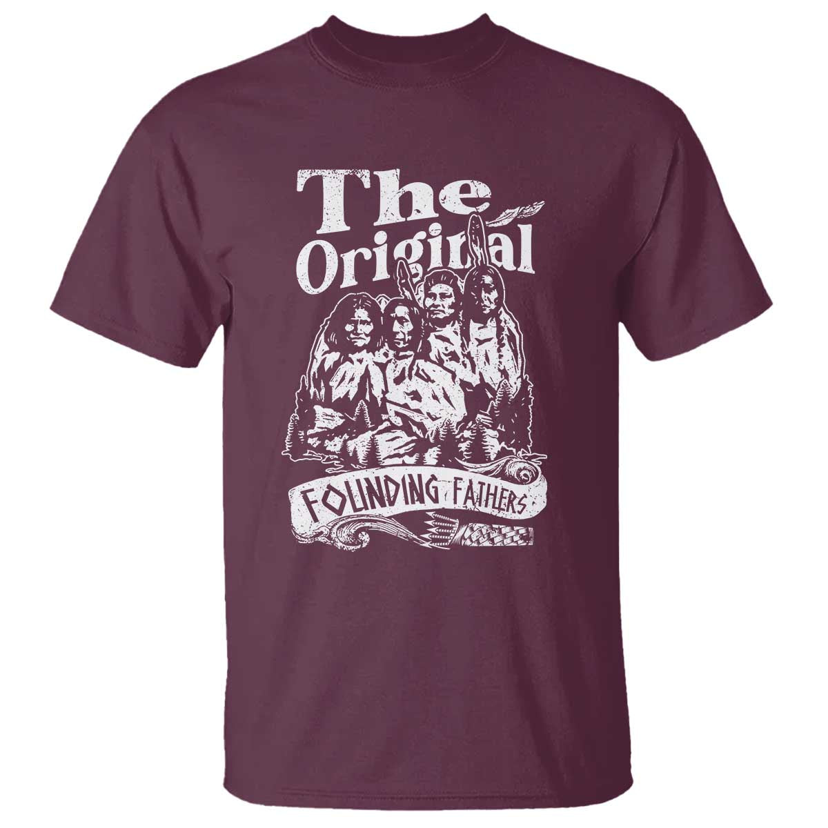 Native American Indian graphic T-shirt, maroon, 'The Original' and 'Founding Fathers' print