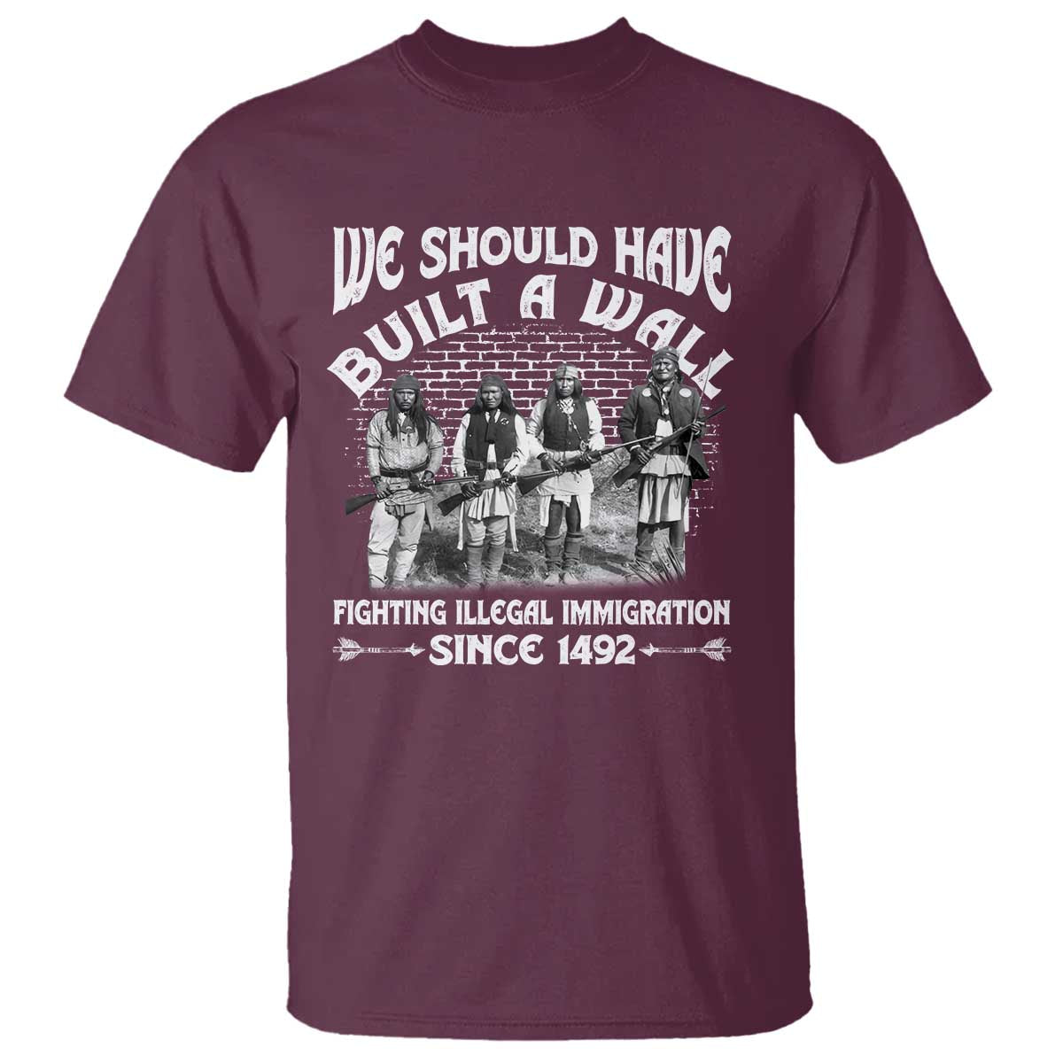 Maroon Native American T-shirt with front wall graphic and “Since 1492” text