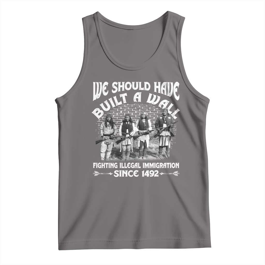 Gray sleeveless tank top with Native American themed front graphic