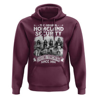 Maroon pullover hoodie with front graphic logo, hood, and kangaroo pocket.