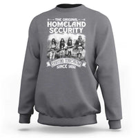 Light gray crewneck sweatshirt with front Native-style graphic and Homeland Security text
