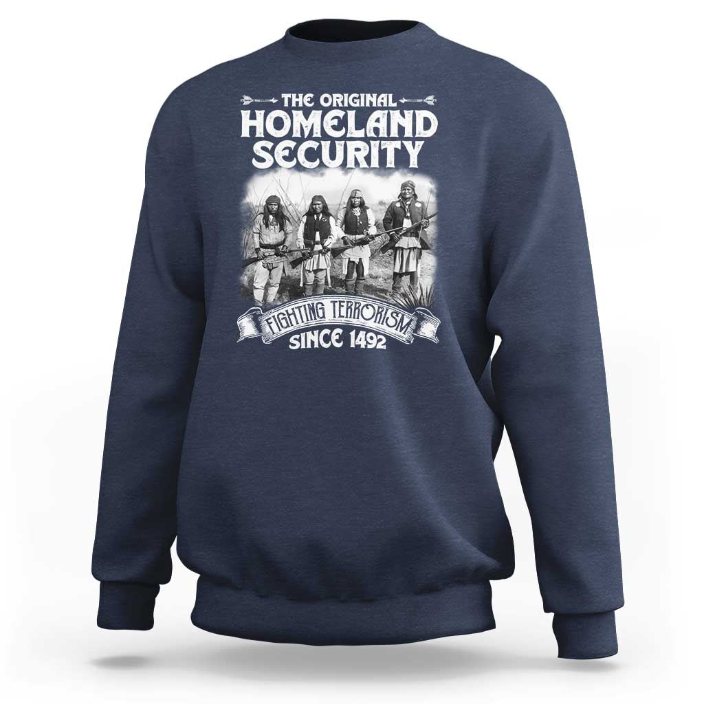 Navy crewneck sweatshirt with front Native-style graphic and bold Homeland Security lettering