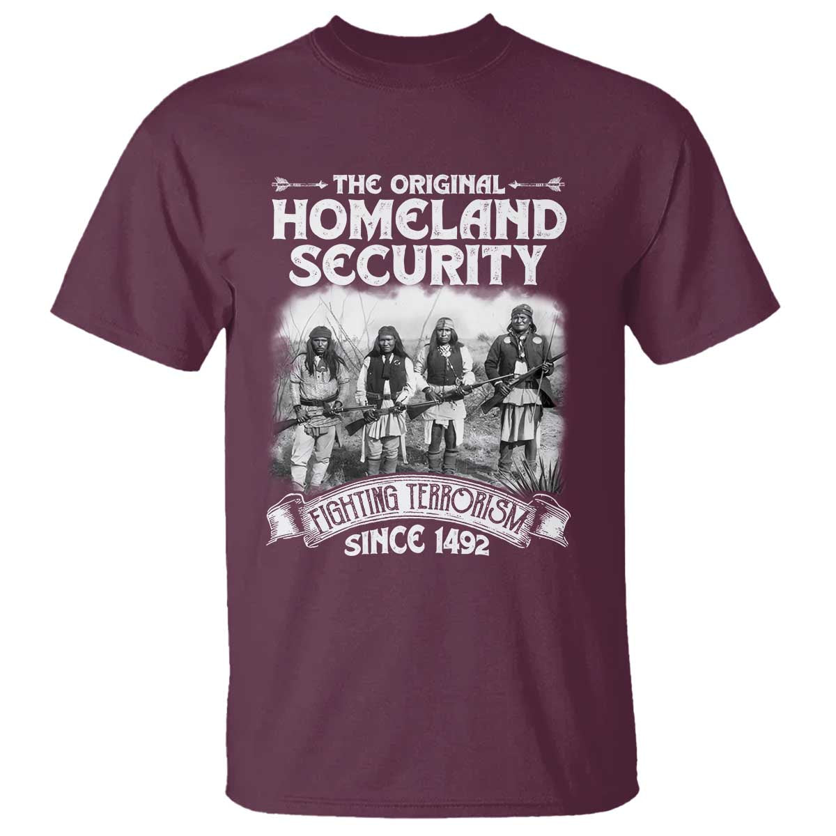 Maroon crew-neck graphic T-shirt with large front Homeland Security print