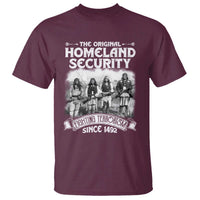 Maroon crew-neck graphic T-shirt with large front Homeland Security print