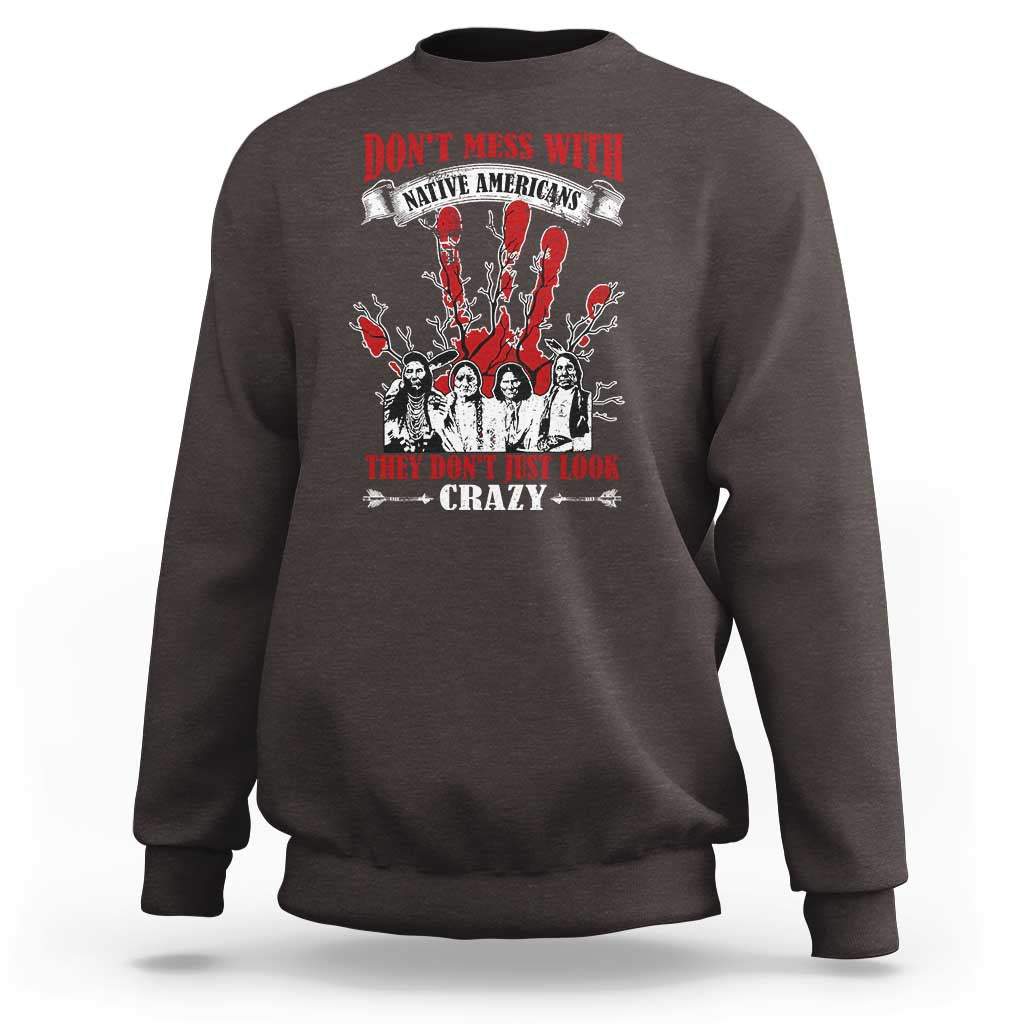 Dark brown sweatshirt with front graphic text and Native American-style figures in red and white