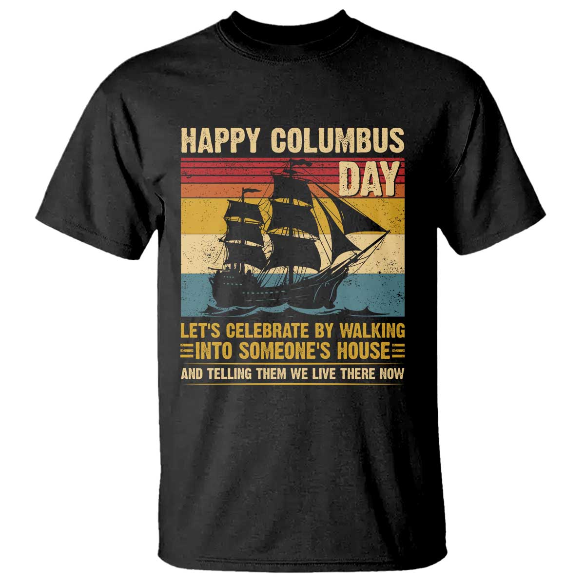 Black graphic T-shirt with ship and 'HAPPY COLUMBUS DAY' front print