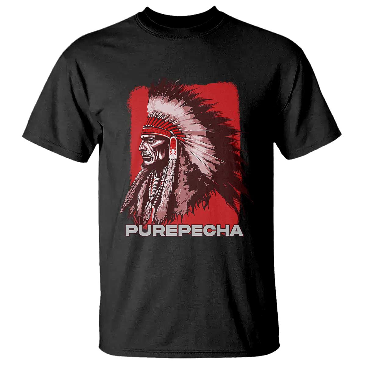 Black graphic T-shirt with red square chief portrait and feather headdress design
