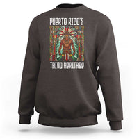 Dark chocolate crewneck sweatshirt with front Taino warrior graphic, full-color print.