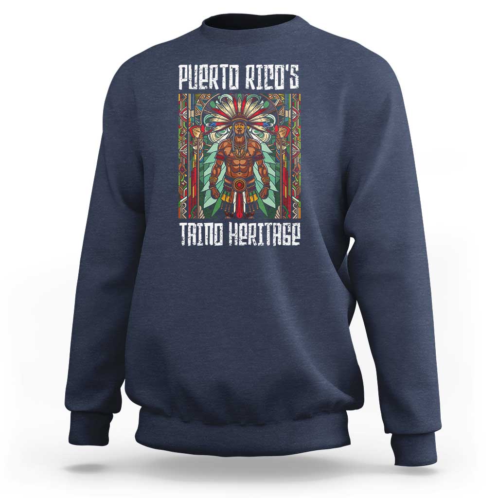 Navy crewneck sweatshirt with front Taino warrior graphic, full-color print.
