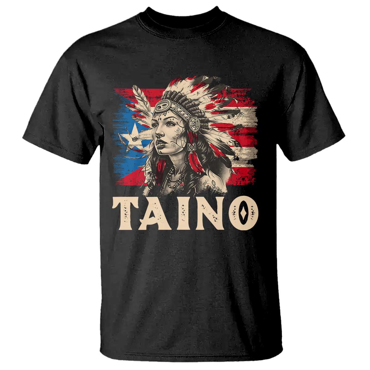 Black crew-neck T-shirt with Indigenous warrior woman graphic and Taino text print