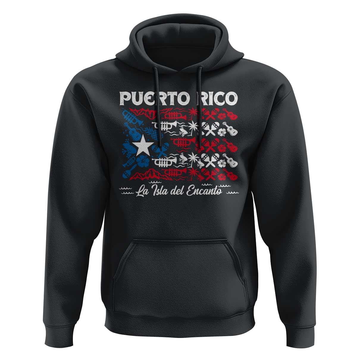 Black hoodie with “Puerto Rico” front graphic and flag-style map illustration