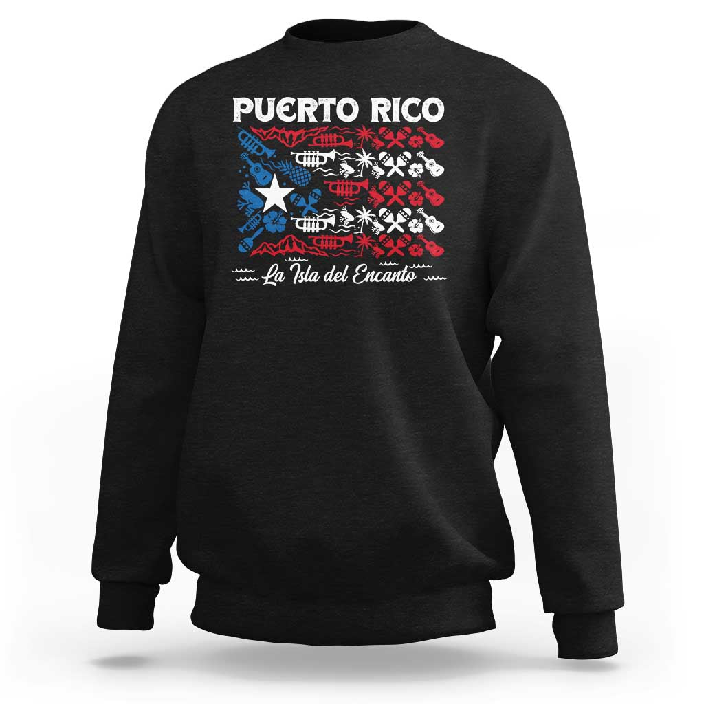 Black crewneck sweatshirt with Puerto Rico flag graphic and 'La Isla del Encanto' text