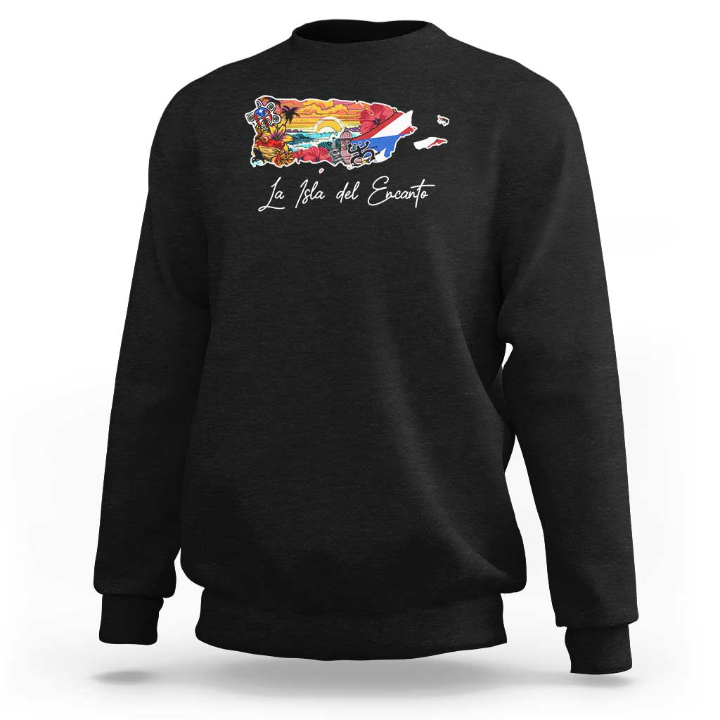 Black crewneck sweatshirt with colorful island graphic and “La Isla del Encanto” text