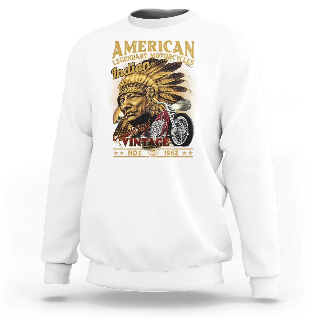 White motorcycle rider sweatshirt with retro native biker graphic on front.