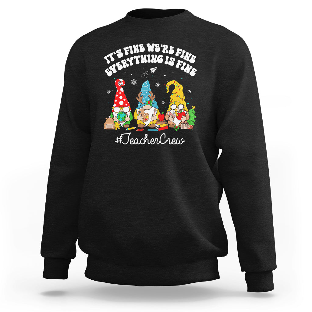Black crewneck sweatshirt with holiday gnome TeacherCrew graphic.