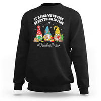 Black crewneck sweatshirt with holiday gnome TeacherCrew graphic.