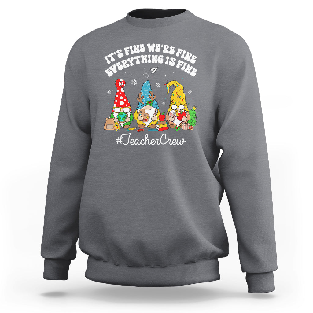 Heather gray crewneck sweatshirt with holiday gnome TeacherCrew graphic.