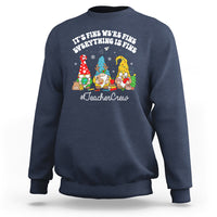 Navy crewneck sweatshirt with holiday gnome TeacherCrew graphic.