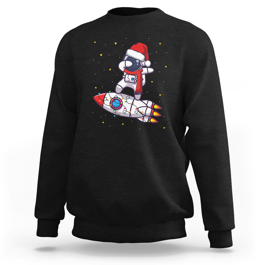 Men's black Christmas astronaut sweatshirt with Santa riding a rocket graphic front.