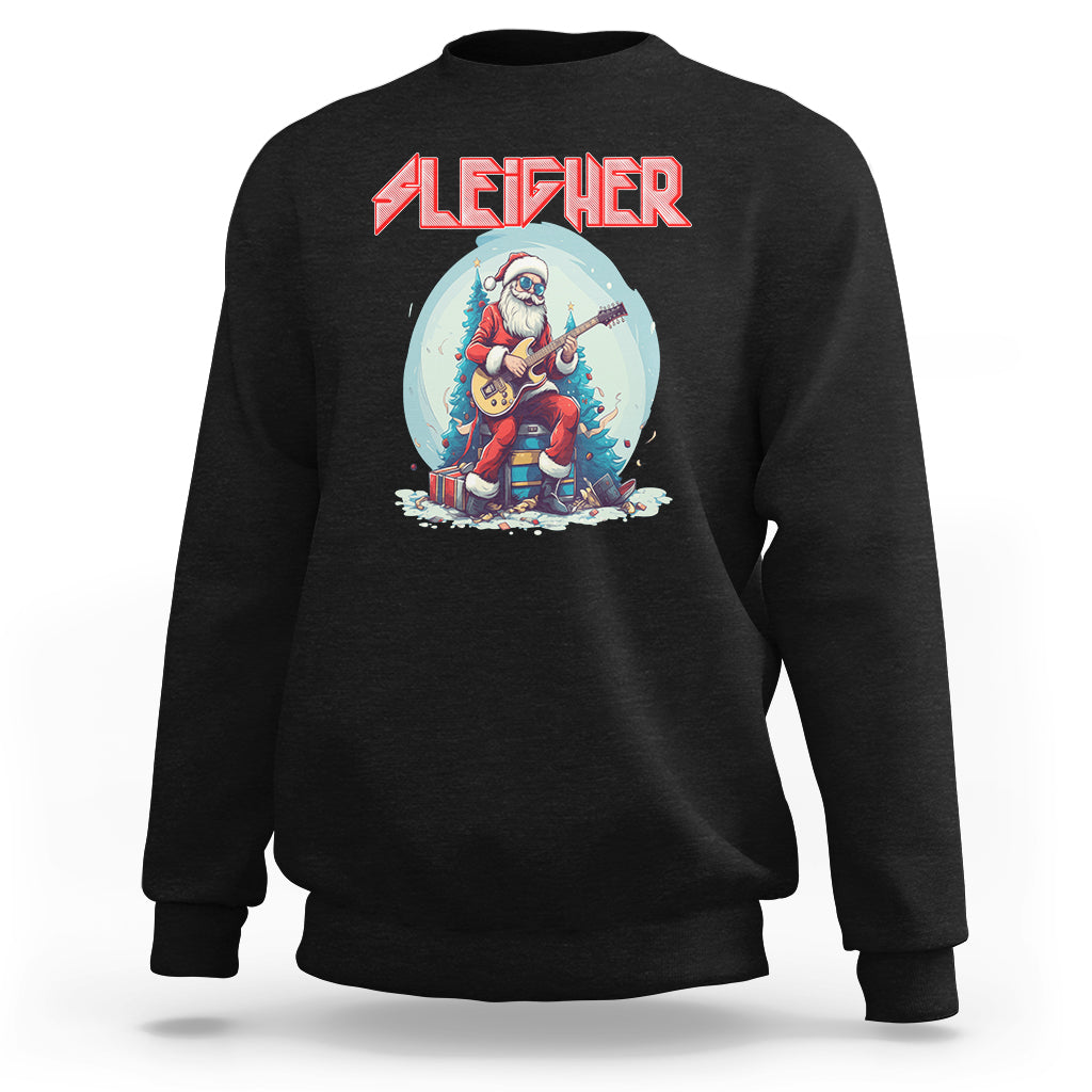 Black crewneck sweatshirt with Santa rock musician graphic on chest