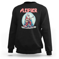 Black crewneck sweatshirt with Santa rock musician graphic on chest