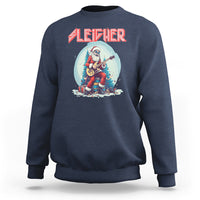 Navy crewneck sweatshirt with Santa rock musician graphic on chest