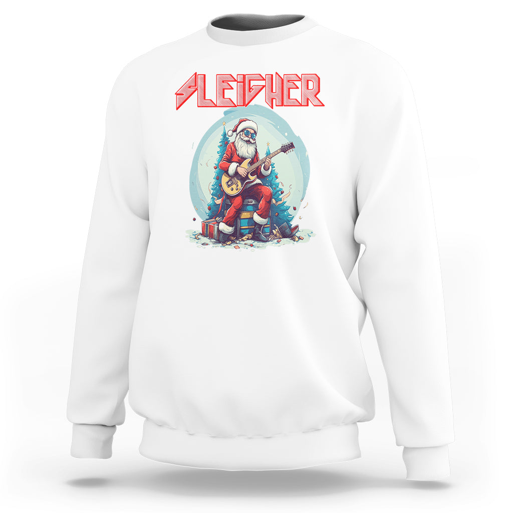 White crewneck sweatshirt with Santa rock musician graphic on chest