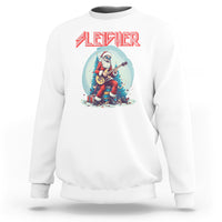 White crewneck sweatshirt with Santa rock musician graphic on chest