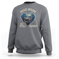 Charcoal gray crewneck sweatshirt with skeleton couple graphic and "DEAD INSIDE" / "STILL HORNY"
