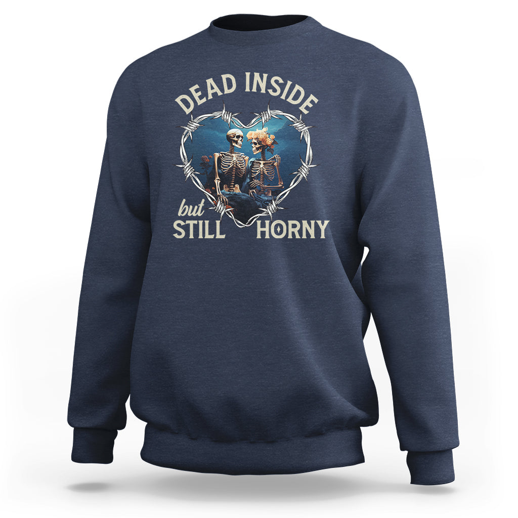 Navy crewneck sweatshirt with skeleton couple graphic and "DEAD INSIDE" / "STILL HORNY"