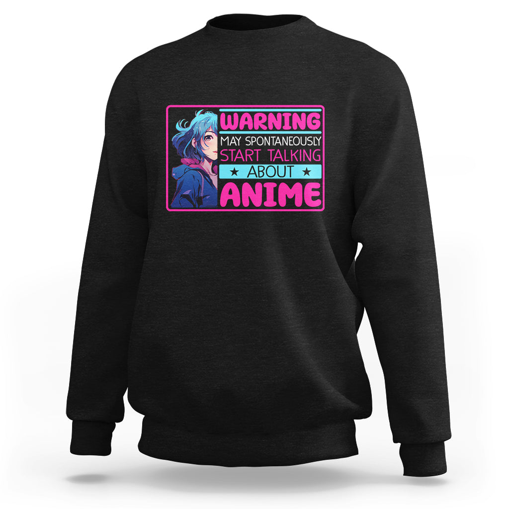 Black anime warning graphic sweatshirt with crew neck and long sleeves