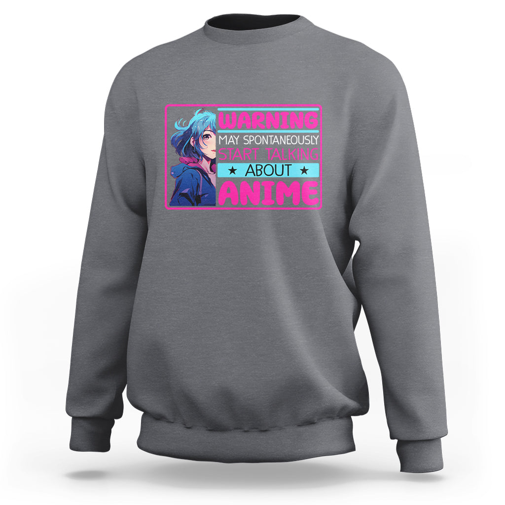 Charcoal anime warning graphic sweatshirt with crew neck and long sleeves