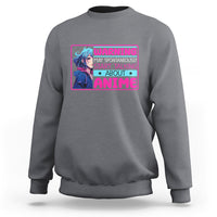 Charcoal anime warning graphic sweatshirt with crew neck and long sleeves