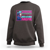 Dark gray anime warning graphic sweatshirt with crew neck and long sleeves