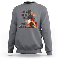Charcoal gray crew-neck sweatshirt with large anime graphic on back center
