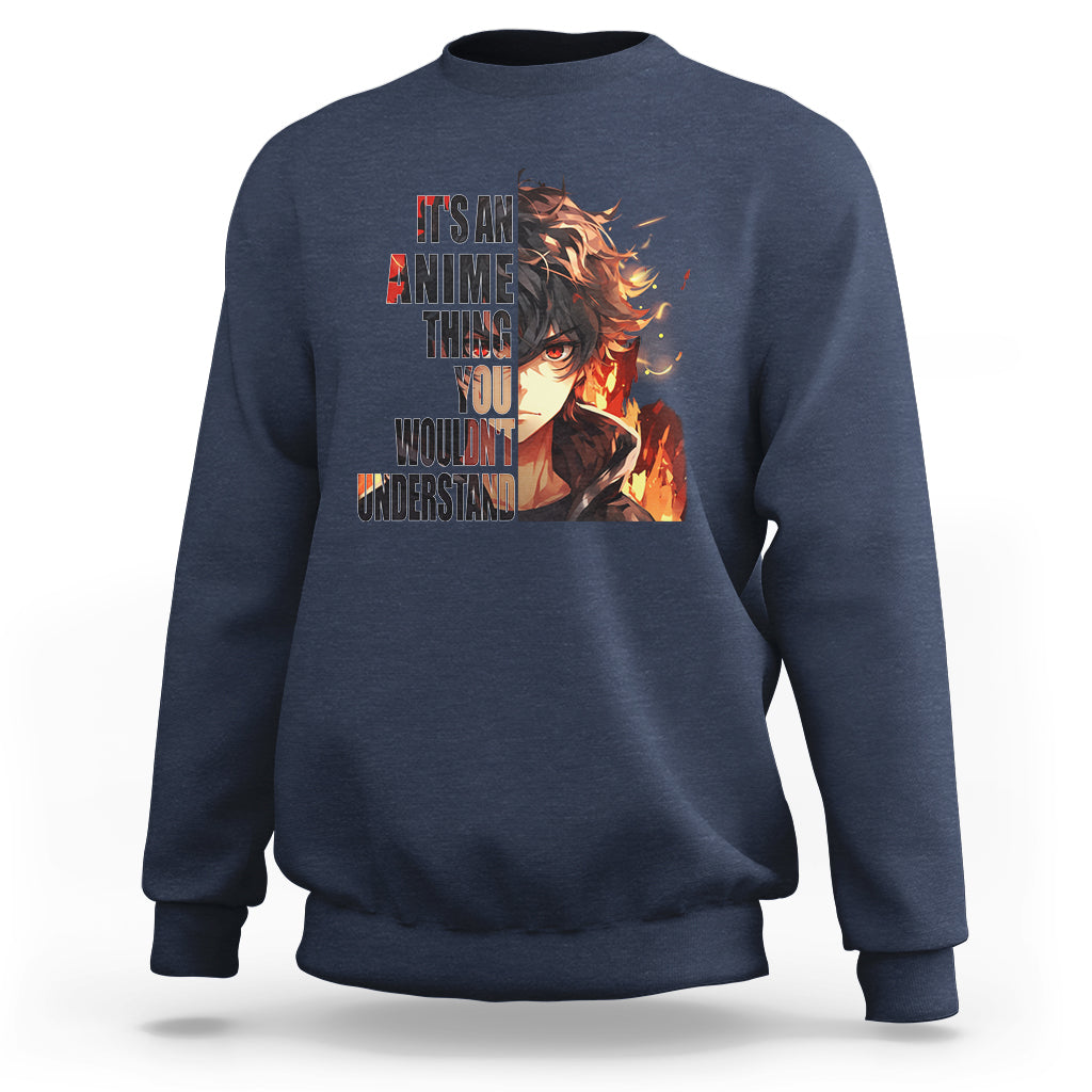Navy crew-neck sweatshirt with large anime graphic on back center