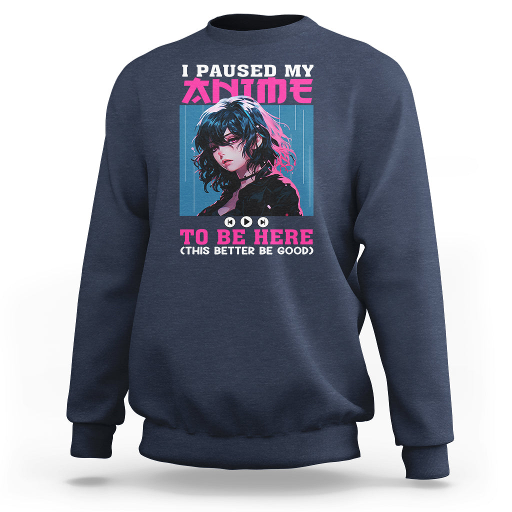 Anime graphic sweatshirt, navy blue with front character and “TO BE HERE” text.